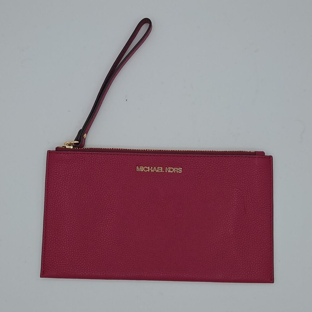 Michael Kors Jet Set Large Pebbled Leather Wristlet Clutch Pouch Magenta Pink